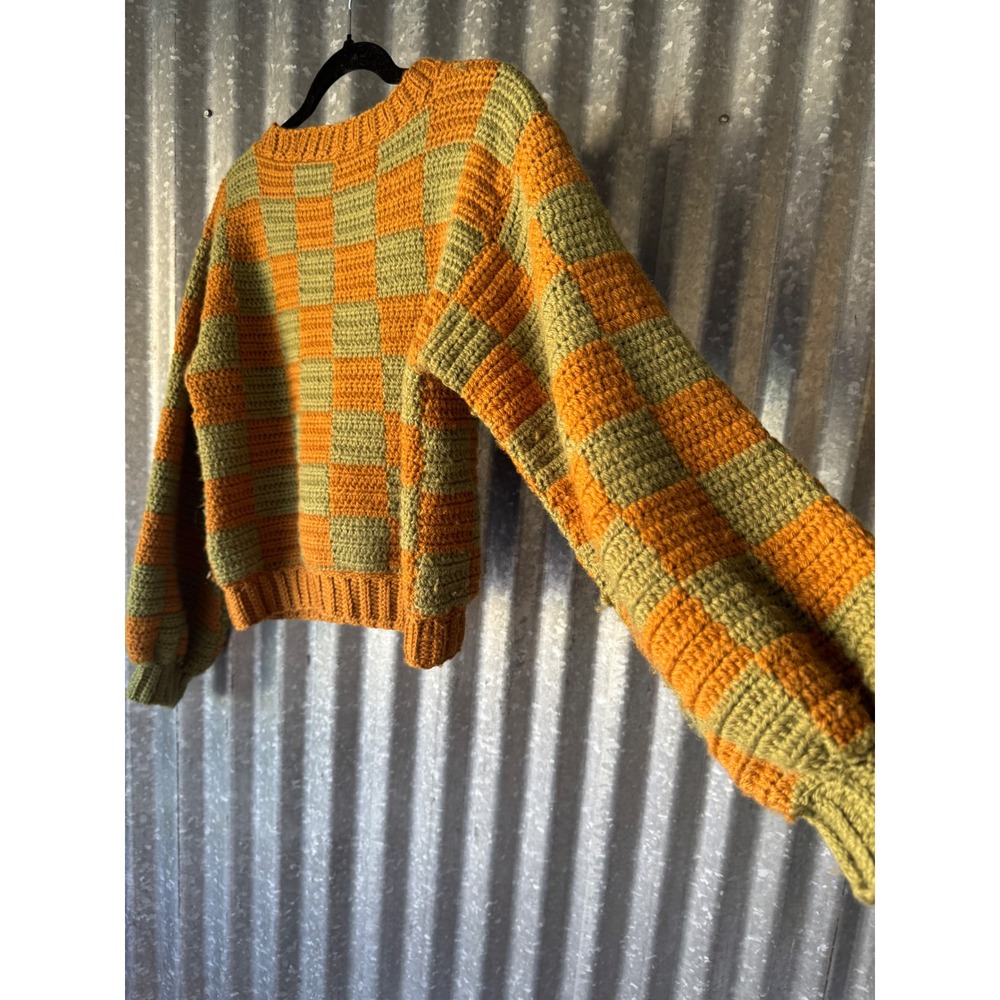 Vintage Handmade Crochet Knit Checkerboard Sweater Orange Green Balloon Sleeve - Picture 9 of 10